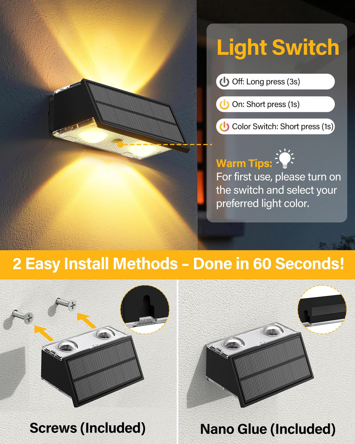 Toeuie Solar Fence Lights Outdoor, 10 Pack 100LM Fence Lights Solar Powered Waterproof, 9 Color Modes, Up & Down LED Focused Beam, 12H Dusk to Dawn Glow for Pool/Patio/Wall/Backyard - Black