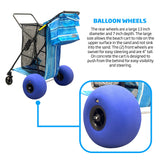 Beach Cart Balloon Wheel Deluxe Heavy Duty Folding Ocean Utility 13” x 7” Sand Wheels Holds 4 Folding Chairs Umbrella Holder Removable Beach Bag Blue Striped Pattern