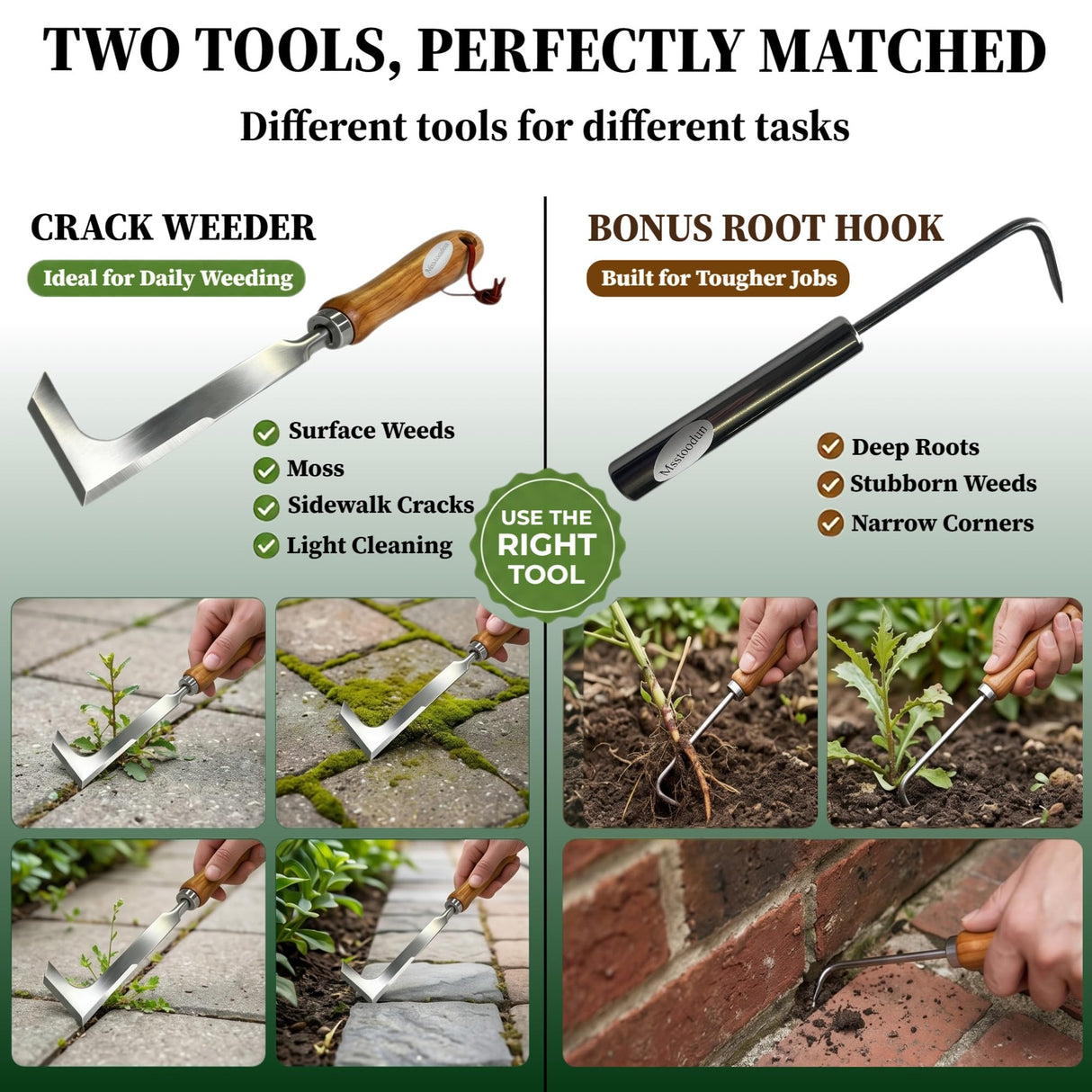 Msstoodun 2 Pack Crack Weeder Tool with Bonus Root Hook, Lightweight Manual Weeding Tool for Sidewalk Cracks, Patio, Driveway & Pavers, Ergonomic Weed Remover for Grass, Moss & Small Weeds