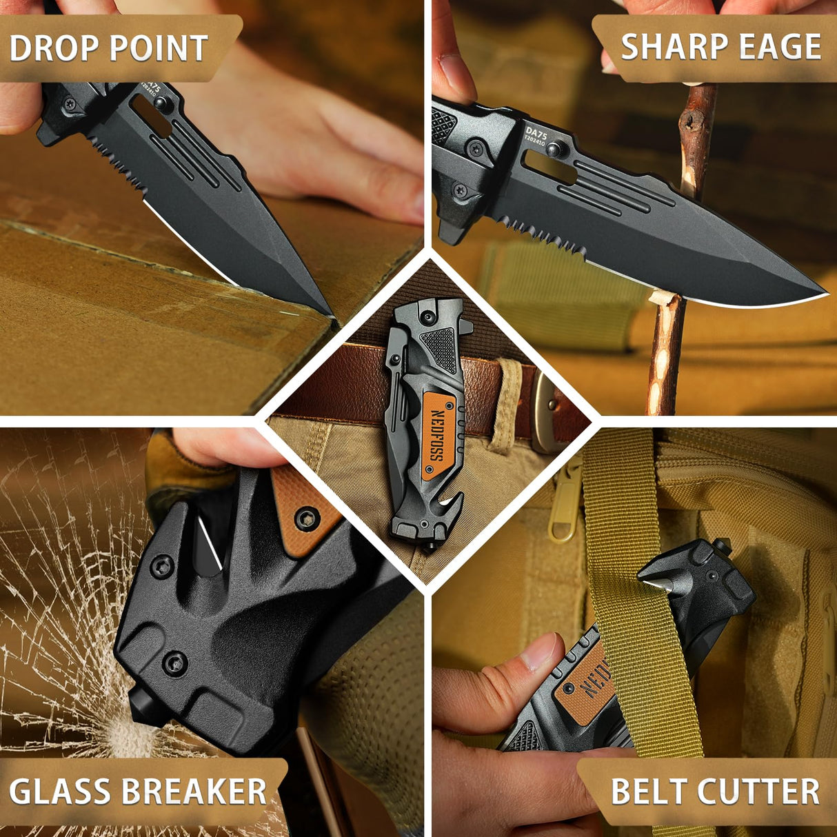 NedFoss Pocket Folding Knife Gift for Men DA75, 3 in 1 Pocket Knife for Men, 3.9” Serrated Blade, Survival Knife with Liner-Lock Belt Clip, Seat Belt Cutter, Glass Breaker, Tacical Gear, Hunting knife for Camping Hiking Outdoor