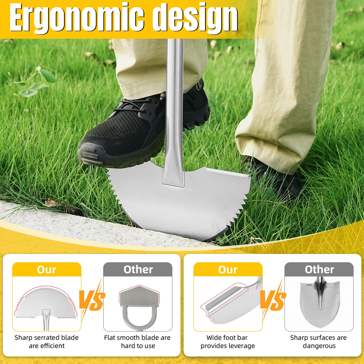KYEEN-TOOLS Serrated Edger Lawn Tool - Half Moon Shovel with Softer T-Handle, Lawn Edger for Yard, Garden, Landscaping, Sidewalk, Cable Burial - Ergonomic Design, Rust-Proof, 38 in