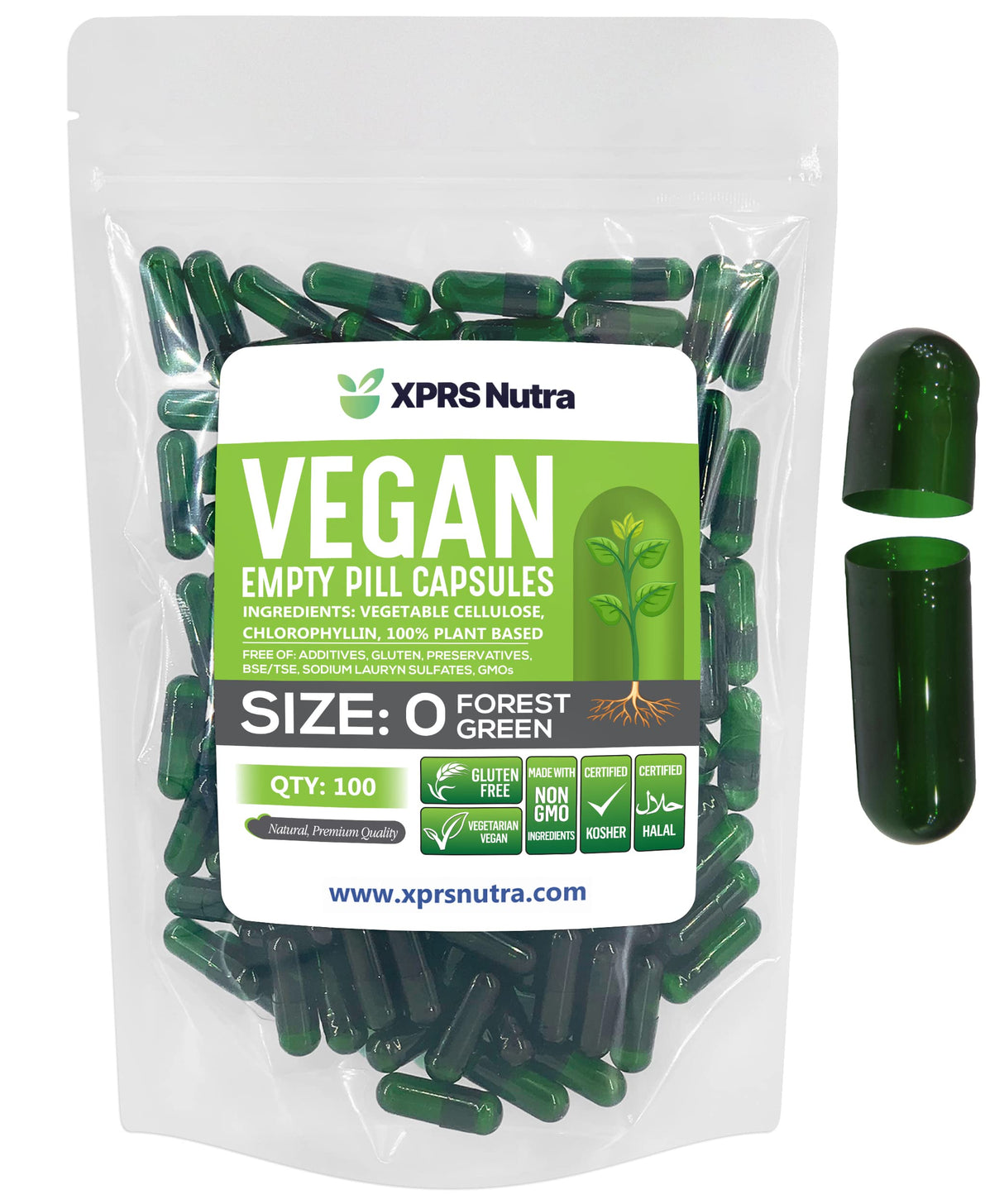 XPRS Nutra Size 0 Empty Capsules - 100 Count Empty Vegan Capsules - Vegetarian Pills - DIY Vegetable Capsule Filling - Veggie Pill Caps for Do-It-Yourself Supplements (Forest Green)
