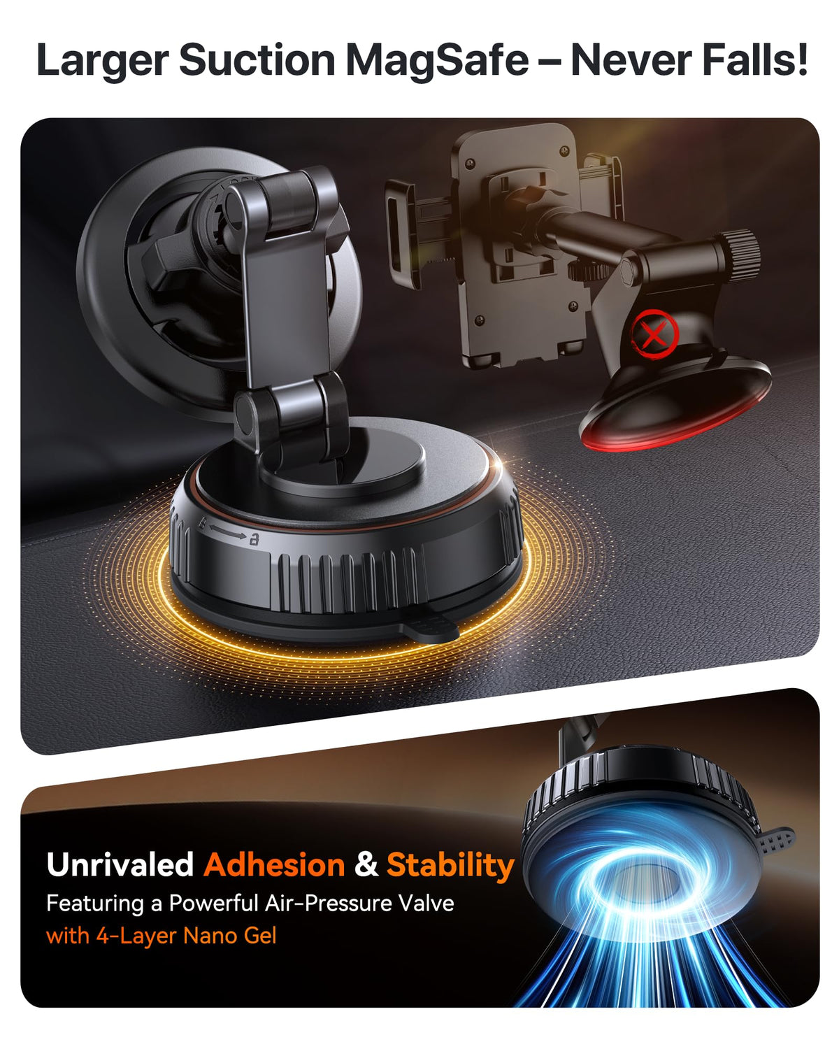 Miracase for MagSafe Car Mount[3800gf Strong Magnet & 90+LBS Suction Base]Magnetic Phone Holders for Your Car, 360° Adjustable Dash& Windshield Wall Mount with Adhesive Suction Cup for All Smartphones
