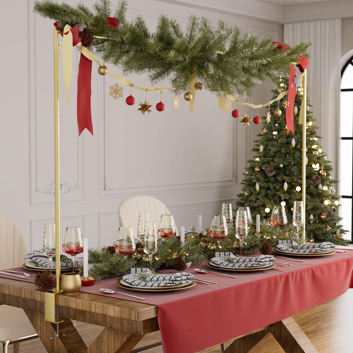 XLHOMO Over The Table Rod Stand with Clamps, Adjustable 32''-79'' Tall 32"-131" Length, Gold Table Arch Stand Metal Balloon Frame Hanging Rod for Weddings Christmas Birthdays Garden Arbors Decoration