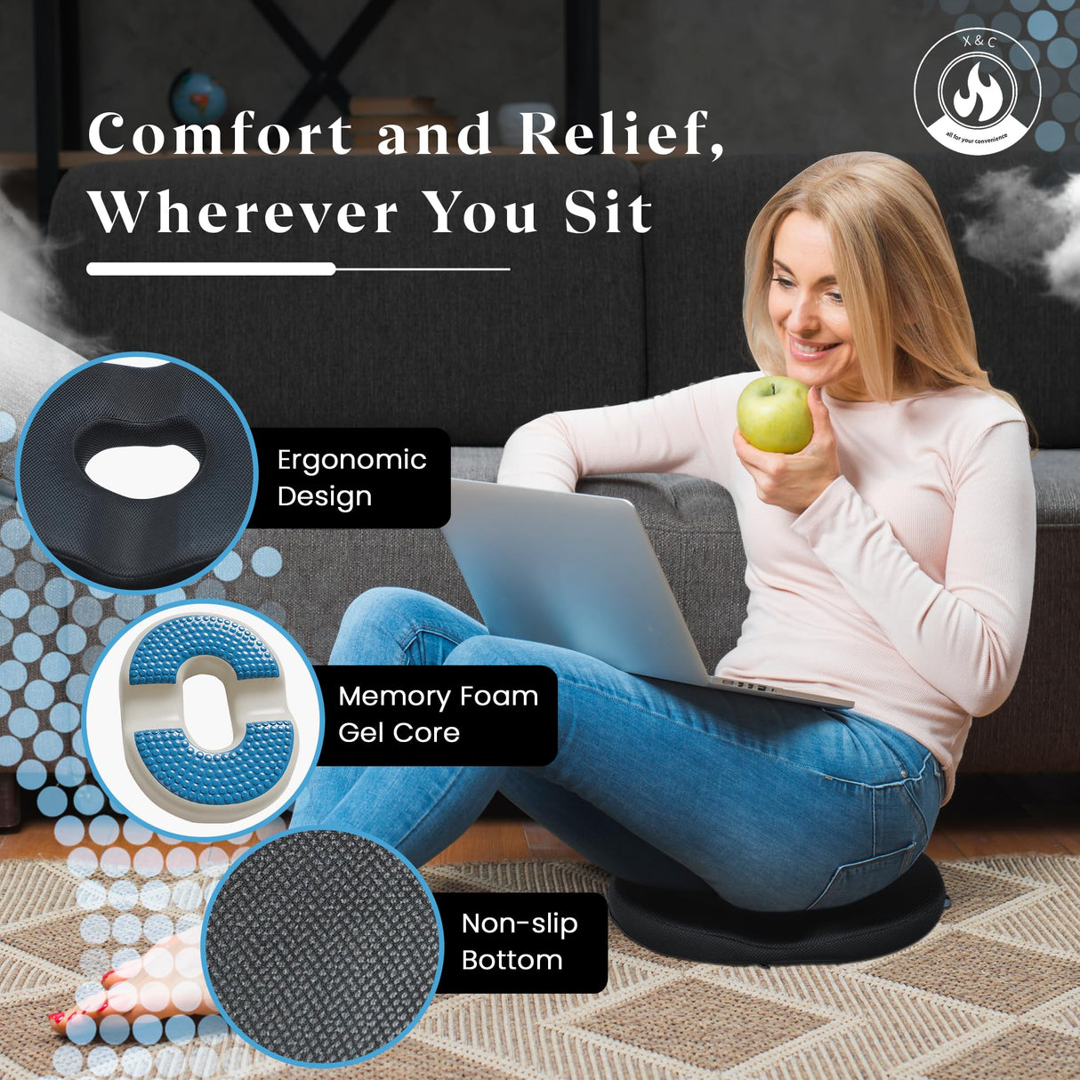 X&C Premium Donut Pillow for Tailbone Pain Relief Cushion with Replaceable Extra Cover, Hemorrhoid Pillows for Sitting, Butt Pillow, Donut Cushion for Pregnancy, Office Workers, Car Drivers