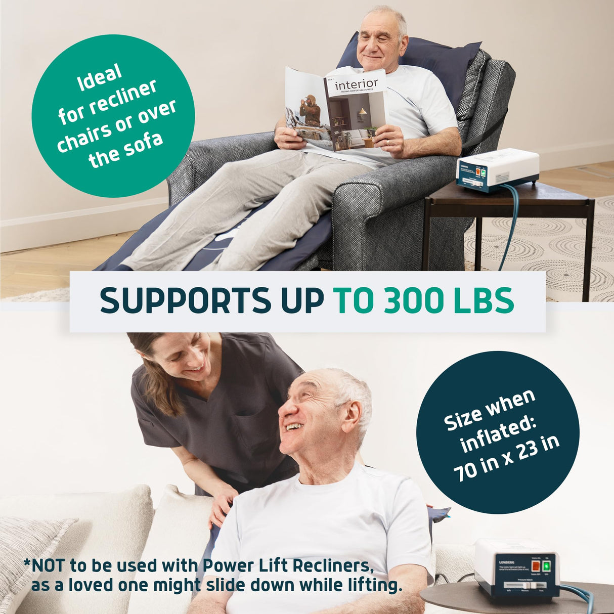 Lunderg Alternating Air Pressure Pad for Recliner Chair - Pressure Relief Cushion Topper for Recliner - Bed Sore Prevention - Includes Medical Grade Mattress Pad, Cover & Quiet Pump - Home or Hospital