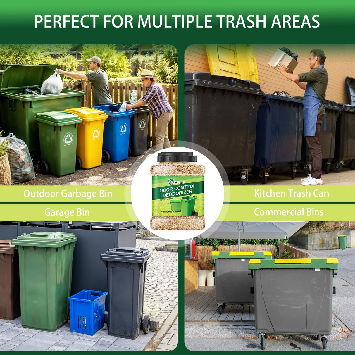Outdoor Trash Can Deodorizer 2.6 lbs, Industrial Strength Garbage Odor Eliminator & Moisture Absorber for Trash Cans, Outdoor Waste Bins & Recycling Containers, Heavy Duty Long Lasting Odor Control