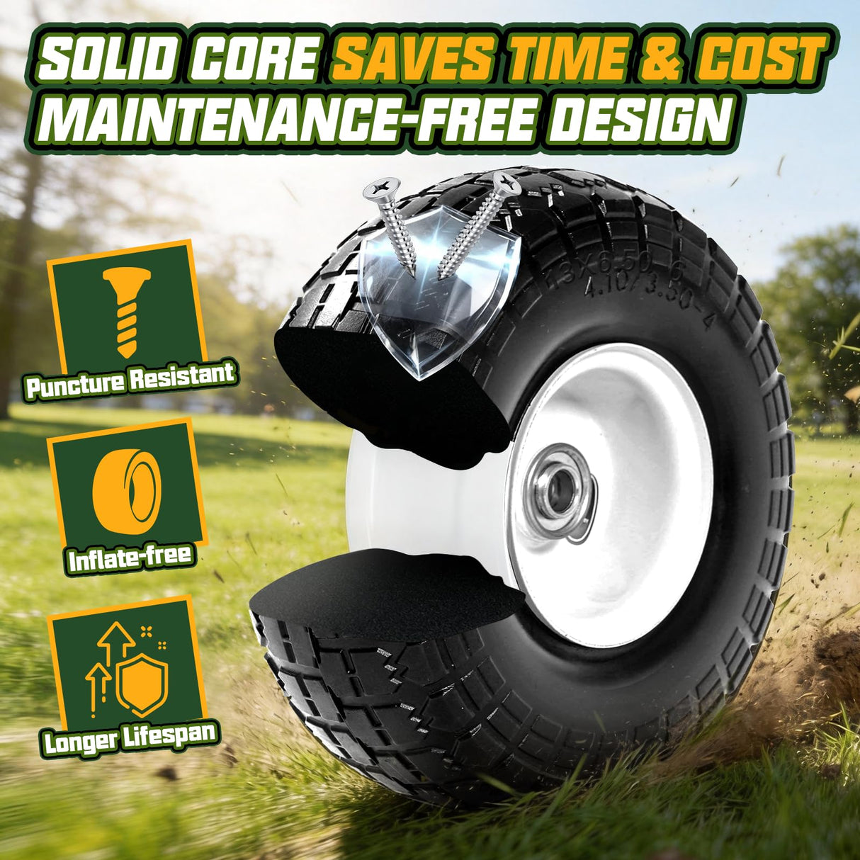 QILINGLORY 4.10/3.50-4 Flat Free Tire and Wheel, 10" Solid Tire with 5/8" bearing bore, Replacement for Gorilla Cart,Hand Truck, Dolly, Wheelbarrow, 500 lbs Load Capacity (10 Inch, 2-Pack)