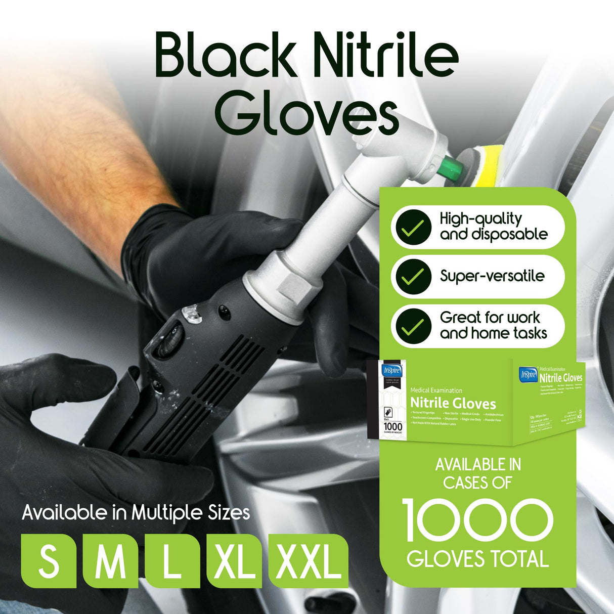 Inspire Black Nitrile Disposable Gloves | 4.5 Nitrile Disposable Safety Medical Cooking Cleaning Gloves (Black - Case Of 1000, Large)