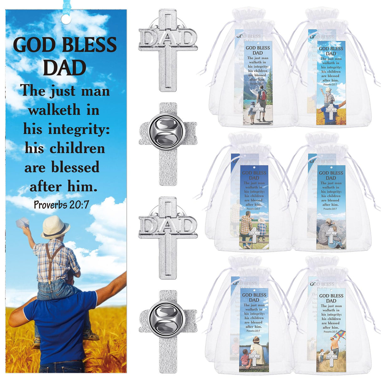 Supervitae 24 Pcs/ 12 Sets Father's Day Bookmark Gifts Bulk God Bless Dad Lapel Pin with Bookmark Gift Set, Include 12 Proverbs 20: 7 Christian Bookmarks 12 Cross Dad Pin for Religious Church Prizes