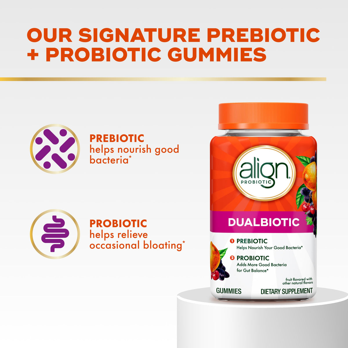 Align Dualbiotic, Prebiotics and Probiotics for Women and Men, Probiotics for Digestive Health, Prebiotics Help Nourish Good Bacteria, Natural Fruit Flavors, 90 Probiotic Gummies