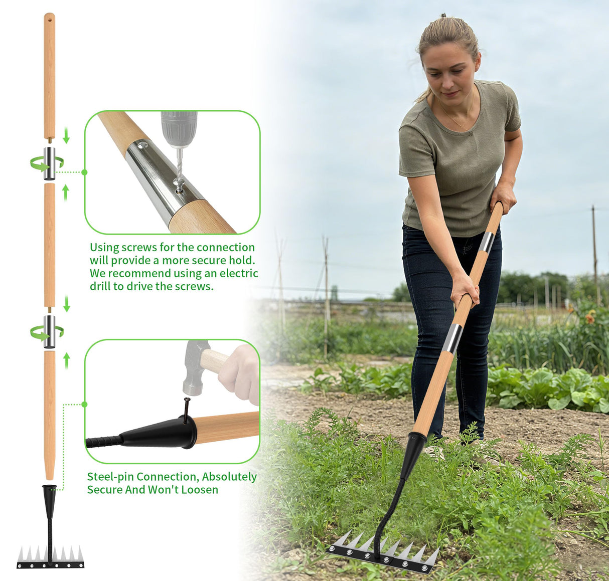ATLRGISL Iron Weeding Rake with Wooden Long Handle 2.0, 8 Teeth Weed Puller Tool Heavy Duty, Manual Gardenia Weed Rake Tool for Yard, Lawn and Garden, 56Inch