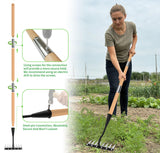 ATLRGISL Iron Weeding Rake with Wooden Long Handle 2.0, 8 Teeth Weed Puller Tool Heavy Duty, Manual Gardenia Weed Rake Tool for Yard, Lawn and Garden, 56Inch