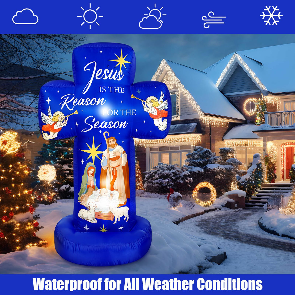 Civaner 6FT Christmas Inflatable Nativity Scene Decoration with Built in LED Lights, Jesus is The Reason for The Season Christmas Holy Nativity Decoration for Xmas Outdoor Yard Garden Lawn