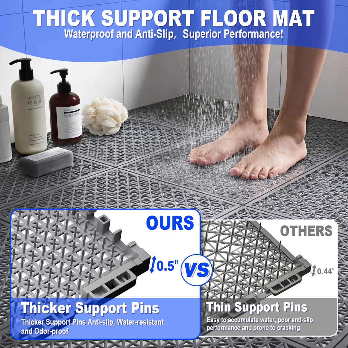 16 PCS Modular Interlocking Cushion Interlocking Floor Tiles with Hole Drainage Mat 10" x 10" Non Slip Pool Deck Mat Outdoor for Drain Deck Pool Patio Shower Kitchen Balcony (Grey)