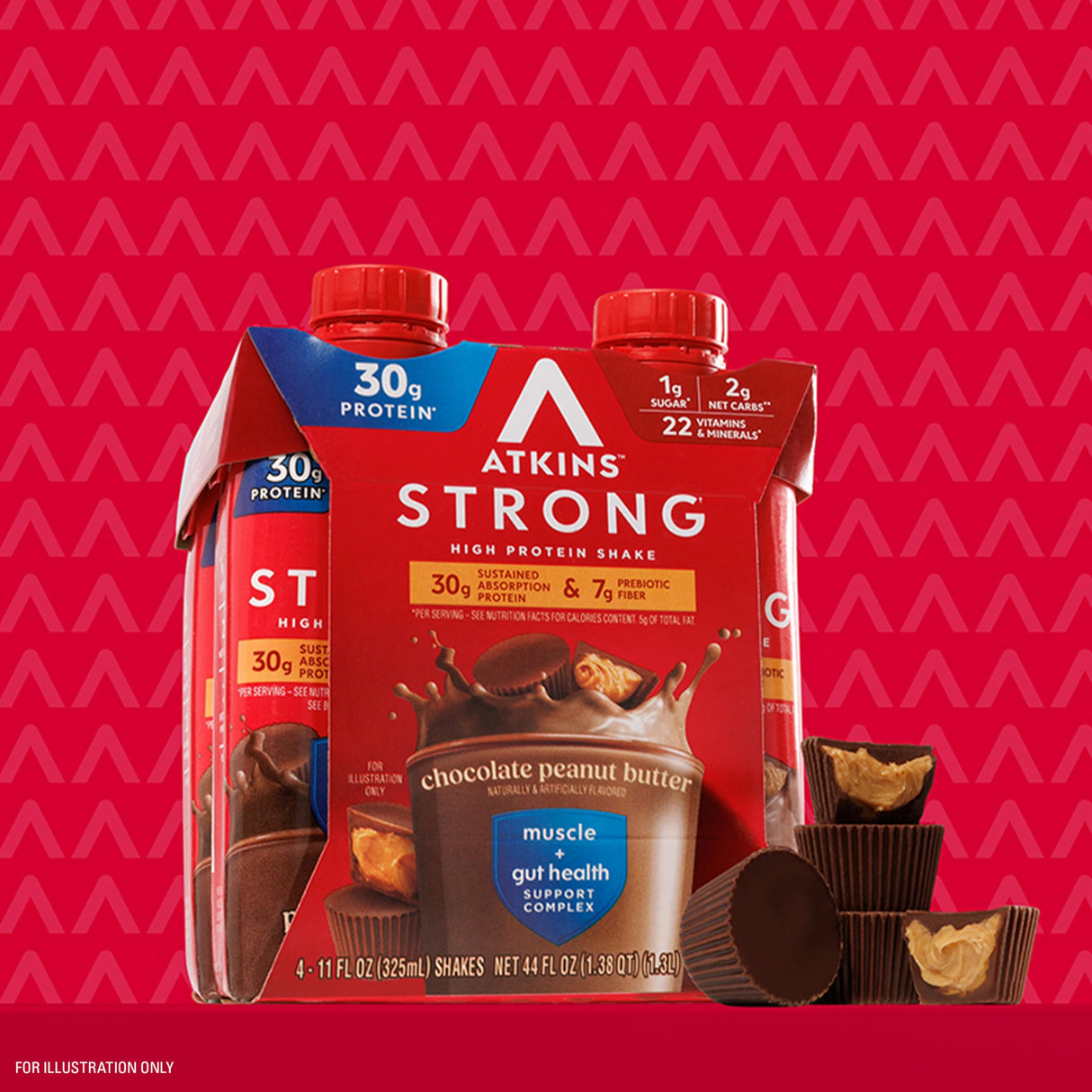 Atkins Strong High Protein Shake, Chocolate Peanut Butter Flavor, 30g Protein, Low Carb and Low Sugar Shake, Keto Friendly, Gluten Free, Muscle and Gut Health Support Complex, 12 Count