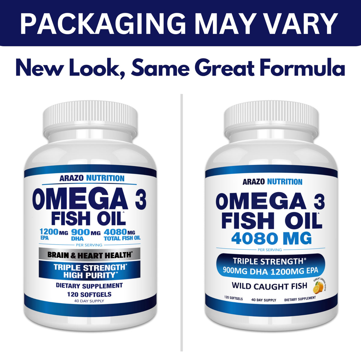 Arazo Nutrition Wild Caught Omega-3 Fish Oil Concentrate – 4,080mg per Serving – High EPA 1200mg & DHA 900mg – 120 Burpless Lemon Softgels