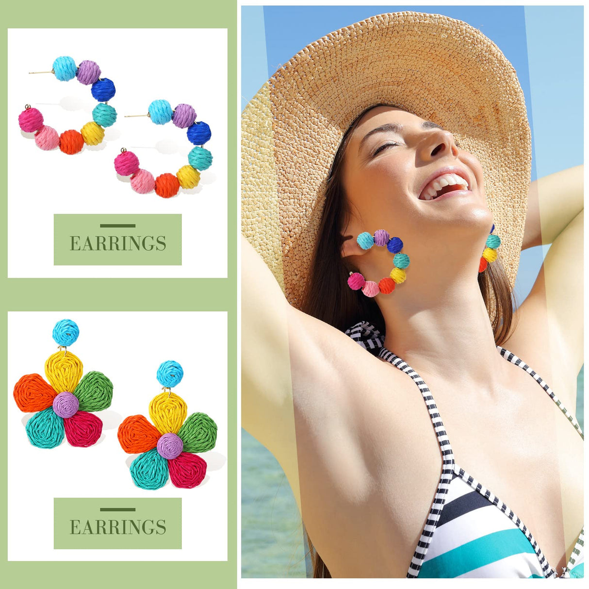 Kigeli 6 Pair Beach Raffia Earrings Summer Statement Rattan Earrings Heishi Drop Hoop for Women Colorful Beaded Tassel Dangle Boho Earring Handmade Jewelry Teacher Gift(Rainbow Color)