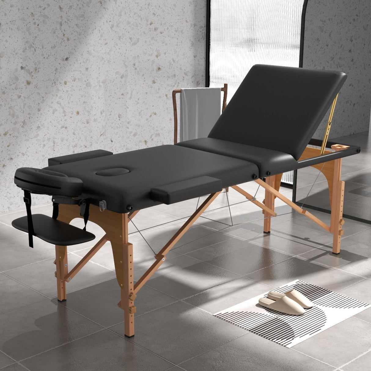 HENGJIANYI Massage Table Massage Bed, Portable 3 Section Foldable Tattoo Bed, Height Adjustable Lash Spa Bed with Face Cradle, Home Light Weight Facial Salon Bed with Wood Frame, Black