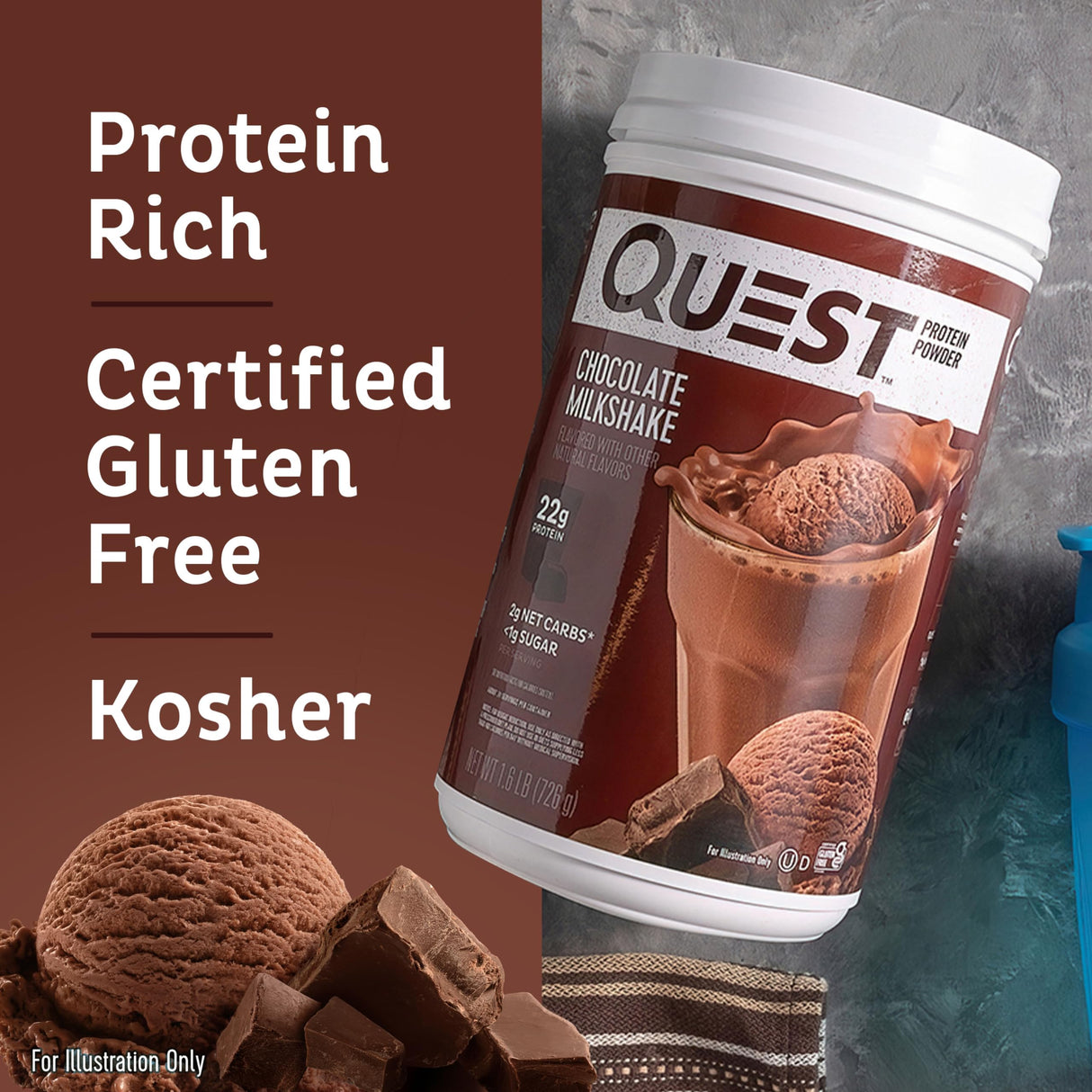 Quest Nutrition Chocolate Milkshake Protein Powder, 22g Protein, 2g Net Carbs, 1g Sugar, Low Carb, Gluten Free, 1.6 Pound, 24 Servings