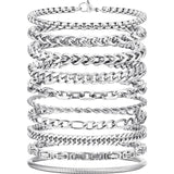 VNOX Silver Chain Bracelet for Men - 10 Pcs Solid Stainless Steel Rope/Figaro/Paperclip/Cuban Link/Snake Curb Chunky Chain Bracelet Set Wrist Band for Men Women,Mens Jewelry Set