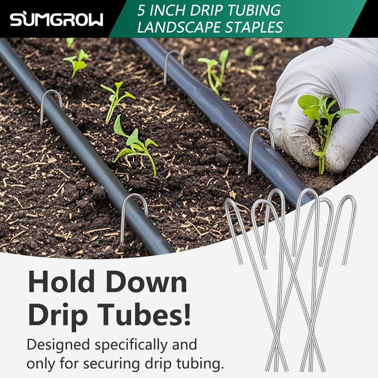 SUMGROW 120 Pack Drip Tubing Stakes, 5 inch Galvanized Steel Landscape Staples for 1/4" or 1/8" Diameter Tubing - Irrigation Anchors for Garden and Lawn