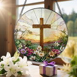 8 Inch Stained Glass Cross and Wildflowers Suncatcher Christian Stained Glass Windows Hanging Flower Cross Gift for Religious Easter Faith Christian Gifts Religious Home Decor