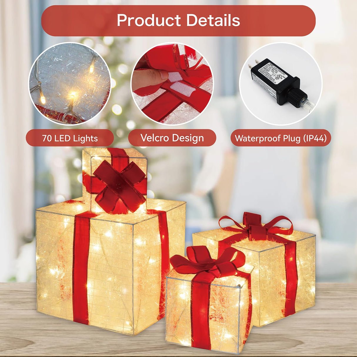 SANHSEHOME Set of 4 Christmas Lighted Gift Boxes, 3.3FT 70 LED Stackable Light Up Present Boxes for Christmas Decorations Indoor Outdoor Yard Lawn Porch Home Decor(4 Piece Set)