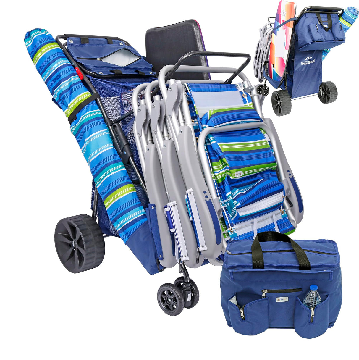 Ultimate Buggy Beach Cart with Big Wheels for Sand, Wide Wheel Wagon with Insulated Cooler Bag, Body Board and Umbrella Holder, 100 lbs Capacity