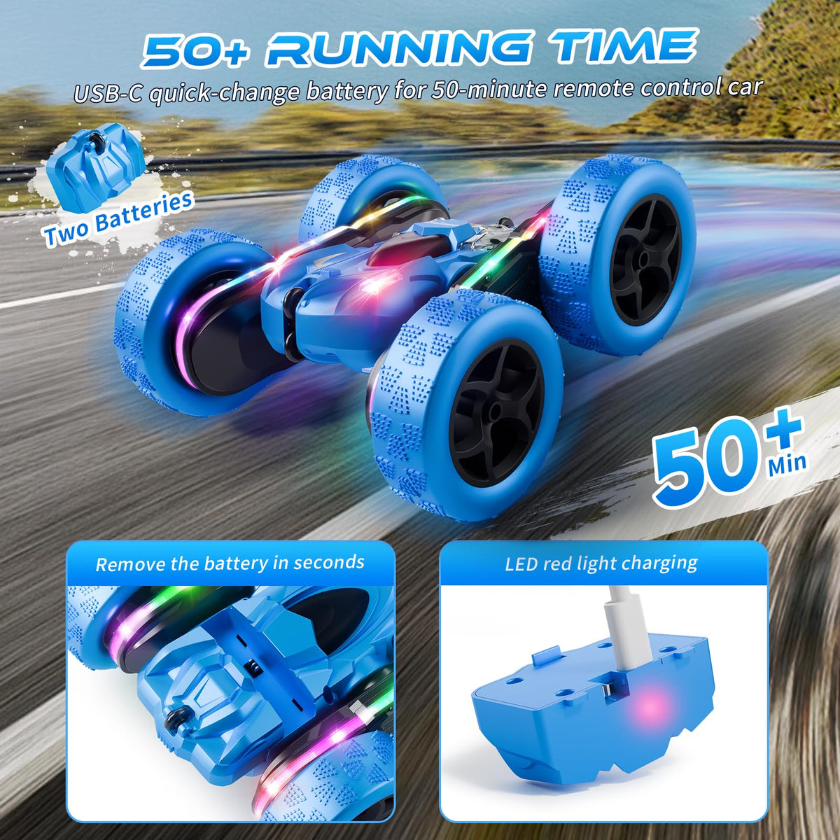 Zalneo Remote Control Stunt Car 4WD 360° Flip Double‑Sided RC Cars, LED Light Bar, USB‑C Modular Battery, 2.4 GHz Outdoor Beach Toy for Boys 6‑12 Years Old, Birthday & Christmas Kids Gift, Blue