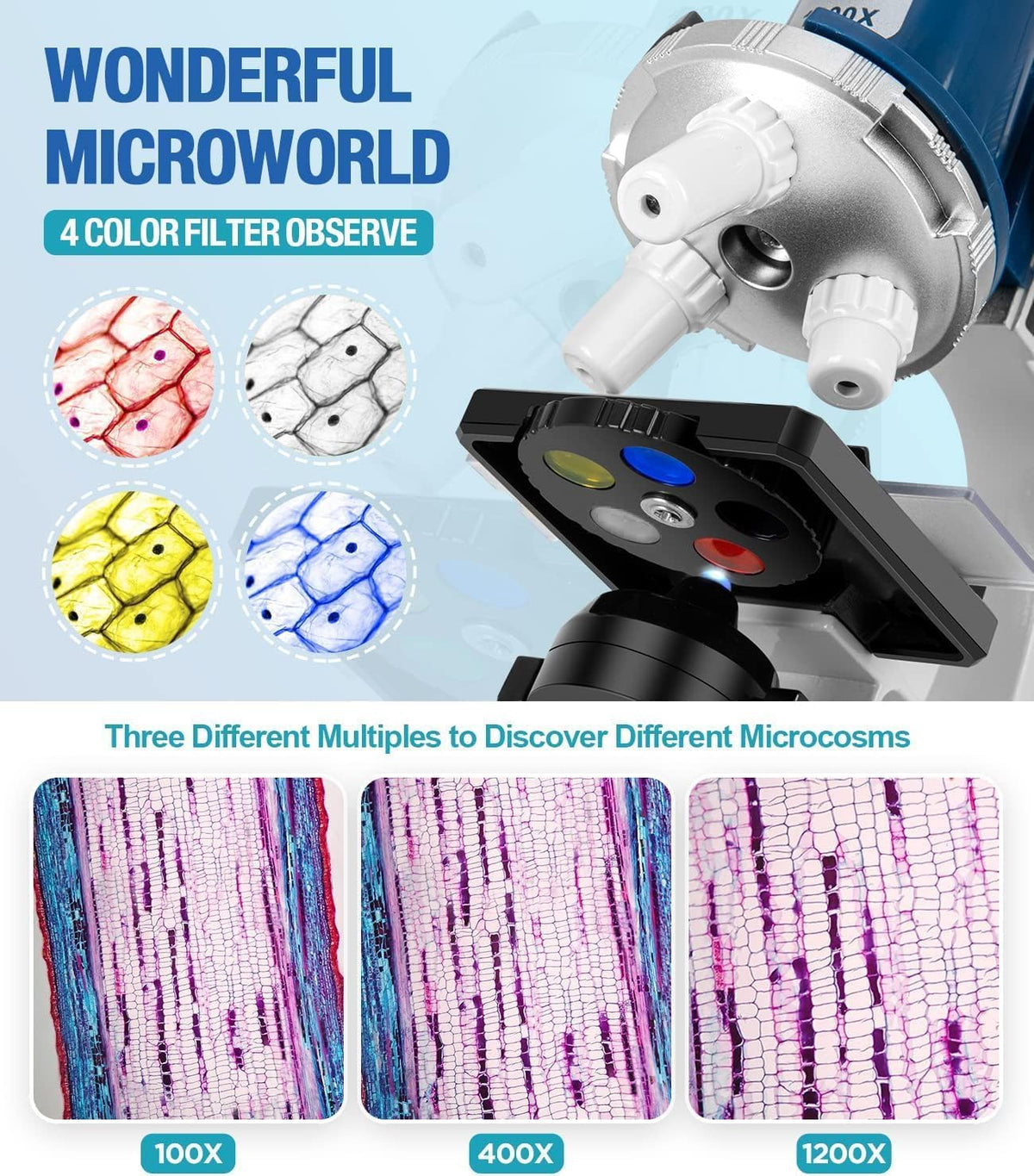 58-Piece Kids Microscope Kit - 100X-1200X Magnification, Metal Body, LED Light, Carrying Box - Science Experiment Toy for Kids Ages 5-12