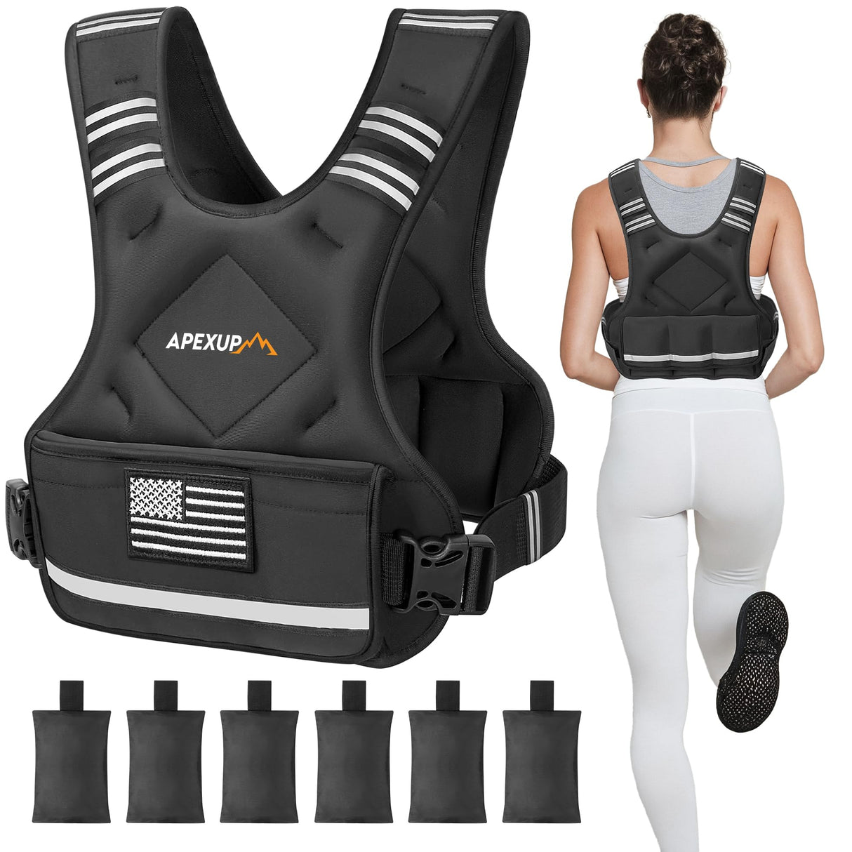 APEXUP Adjustable Weighted Vest, 4-10lb/12-18lb/20-32lb Vest with 6 Ironsand Weights and Large Pocket, Weight Vest for Men Women Strength Training, Running, Walking (20-32lb, Black)