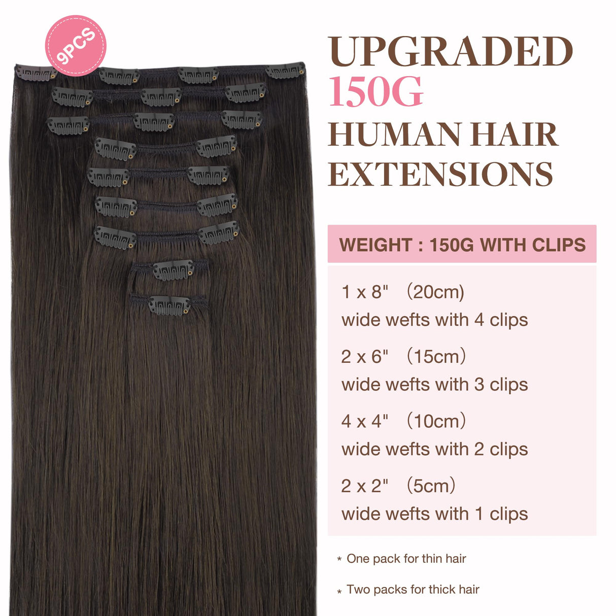 GOO GOO Clip in Hair Extensions Real Human Hair, Remy Human Hair Extensions Clip ins for Women, Natural Human Hair, 18inch 150g 9Pcs, 2 Dark Brown