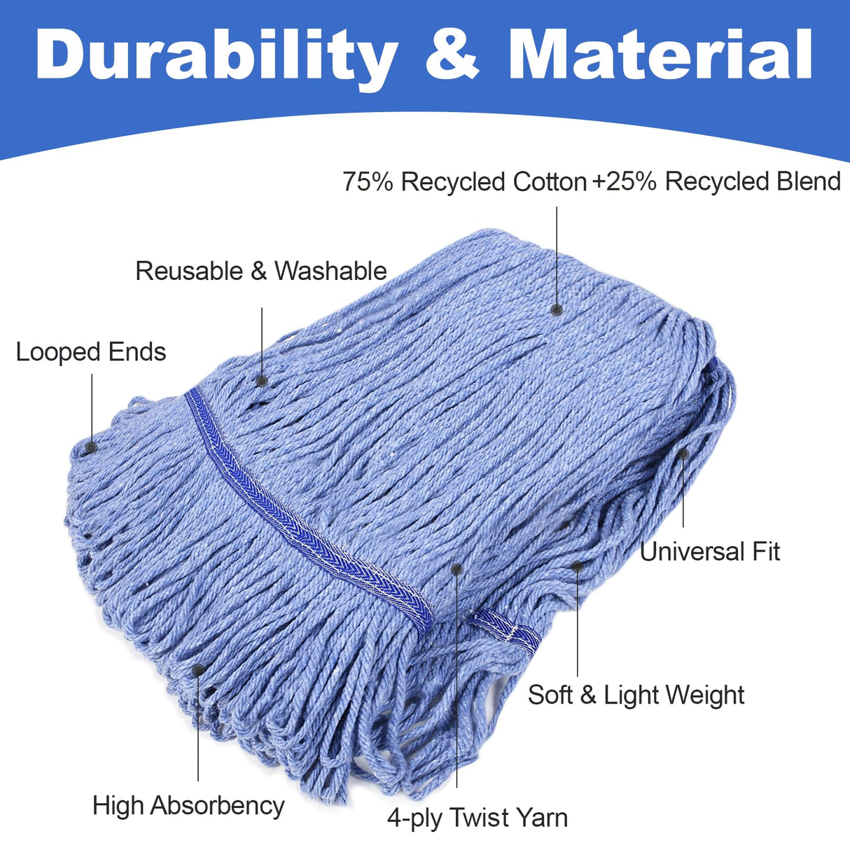HiBaby 4 Pack Commercial Mop Head Replacement, Heavy Duty Mop Head Commercial Replacement for General and Floor Cleaning, Wet Industrial Blue Cotton Looped End String Head Refill (Blue)