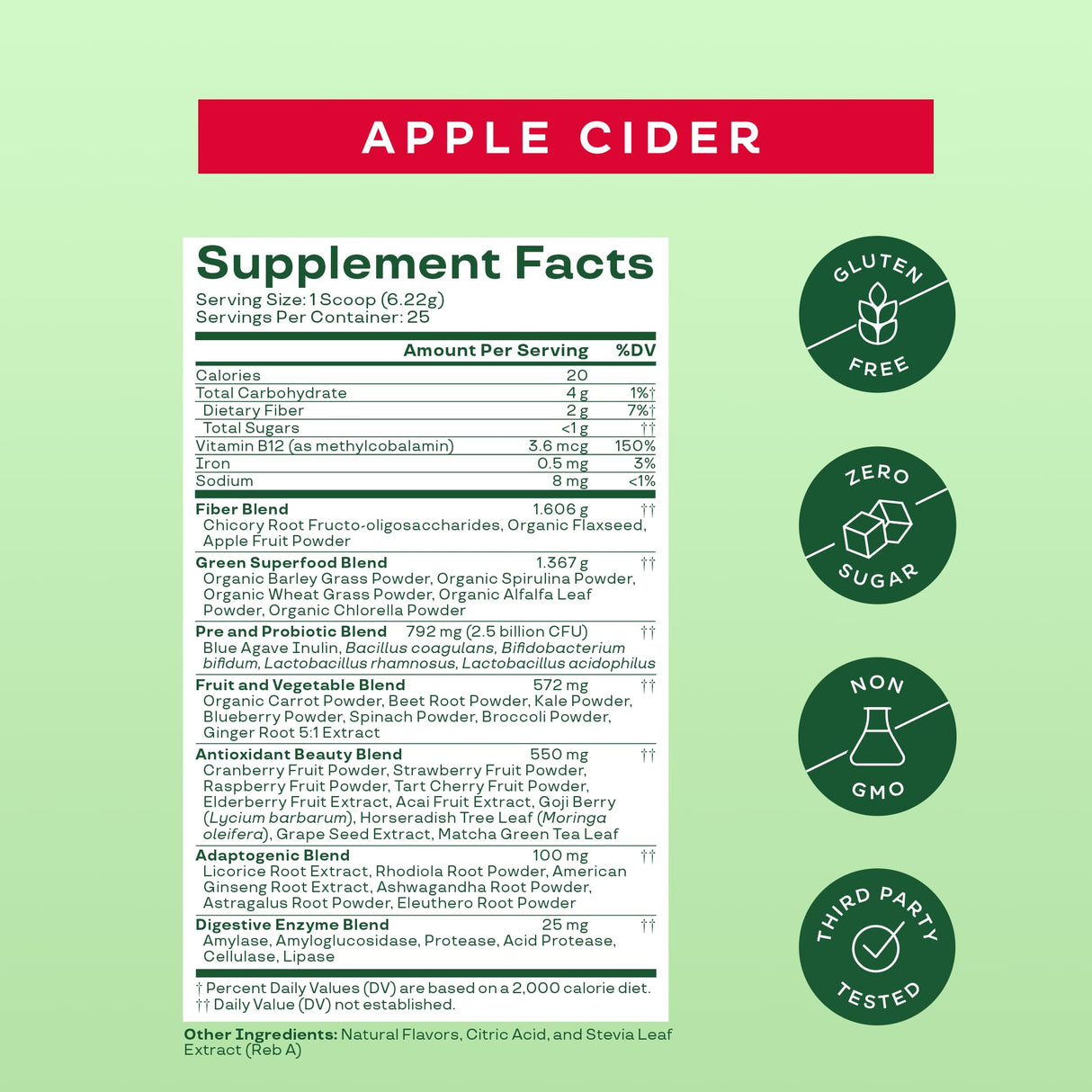 Bloom Nutrition Superfood Greens Powder, Digestive Enzymes with Probiotics and Prebiotics, Gut Health, Bloating Relief for Women, Chlorella, Green Juice Mix with Beet Root Powder, 25 SVG, Apple Cider