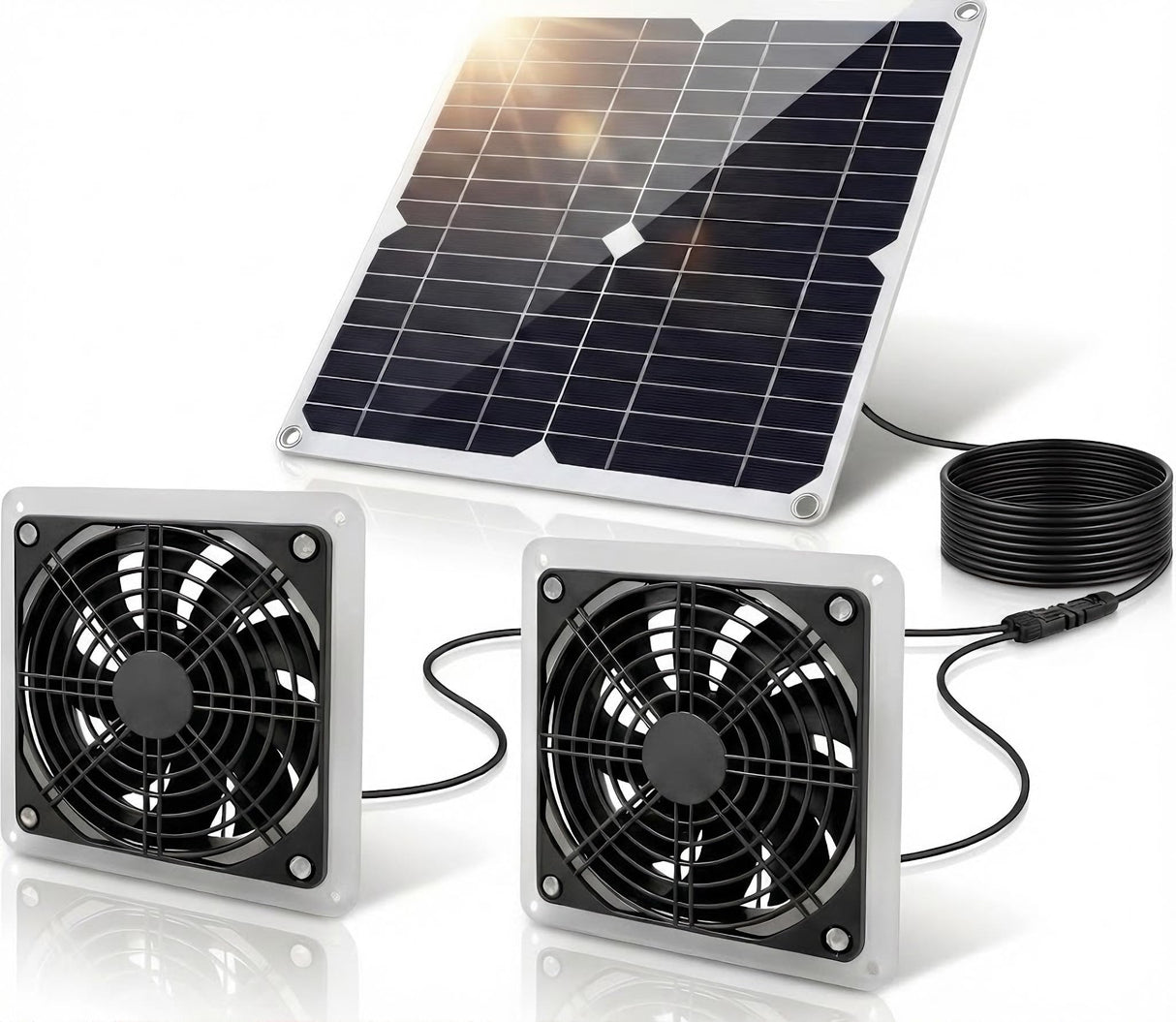 25W Solar Powered Fan for Chicken Coop, Greenhouse, Shed, Upgraded 16.4ft Long Cable Dual Exhaust Fan Kit, IP67 Waterproof Outdoor Solar Fan for Dog House RV Attic Ventilation