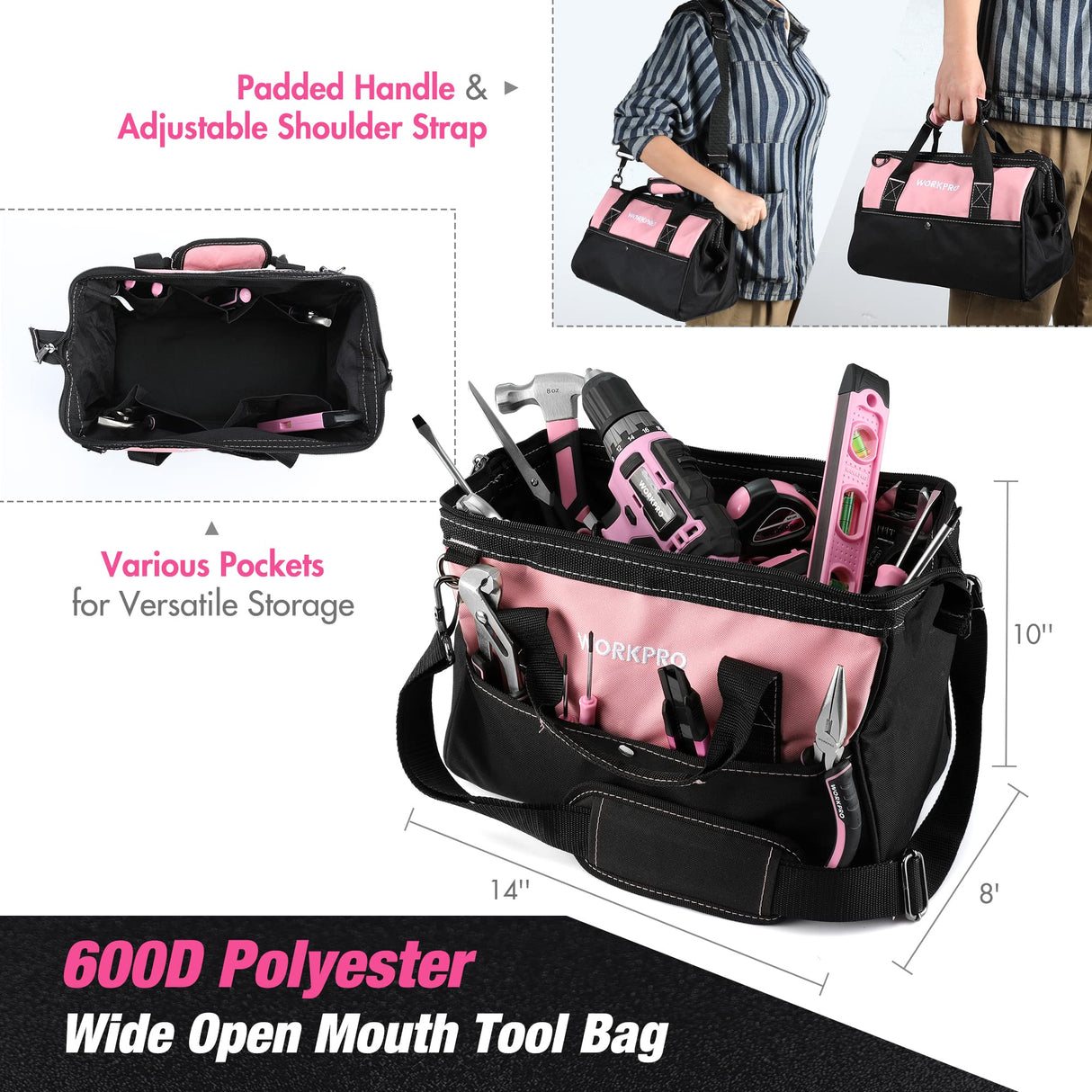 WORKPRO Pink Drill Set for Women, Tool Kit with 20V Cordless Lithium-ion Drill Driver, Pink Tool Set, Lady's Repairing Kit with 14-Inch Storage Bag, 157PCS