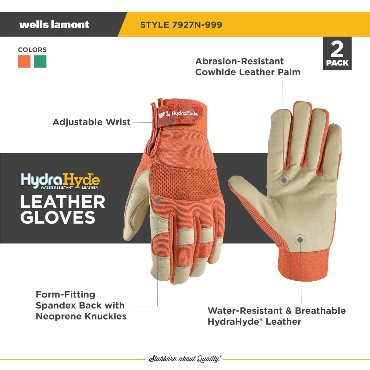 Wells Lamont Women's HydraHyde Leather Hybrid Gloves, Medium, Mint Green/Rust, Water-Resistant, Adjustable Wrist, 2-Pair Pack, for Gardening, Reusable, Adult