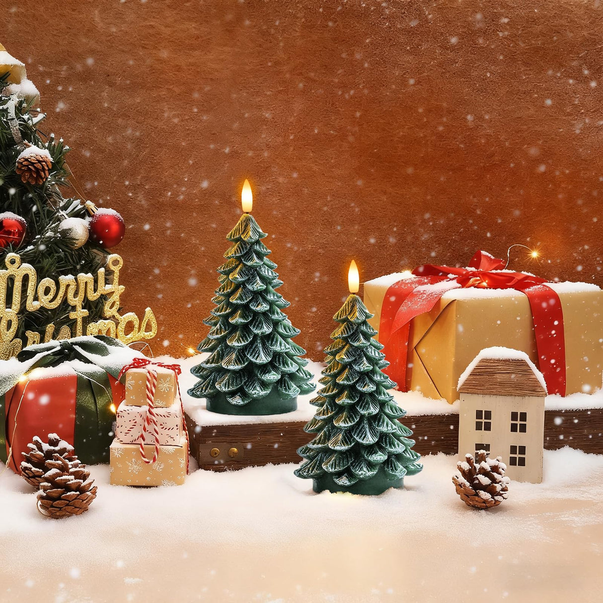 Homemory Christmas Tree Candles with 6 Hours Timer, 2 Pcs Waxy LED Flameless Candles Flickering, Green Electric Candles Battery Operated for New Year Celebration Holiday Decorations 8.5 Inches