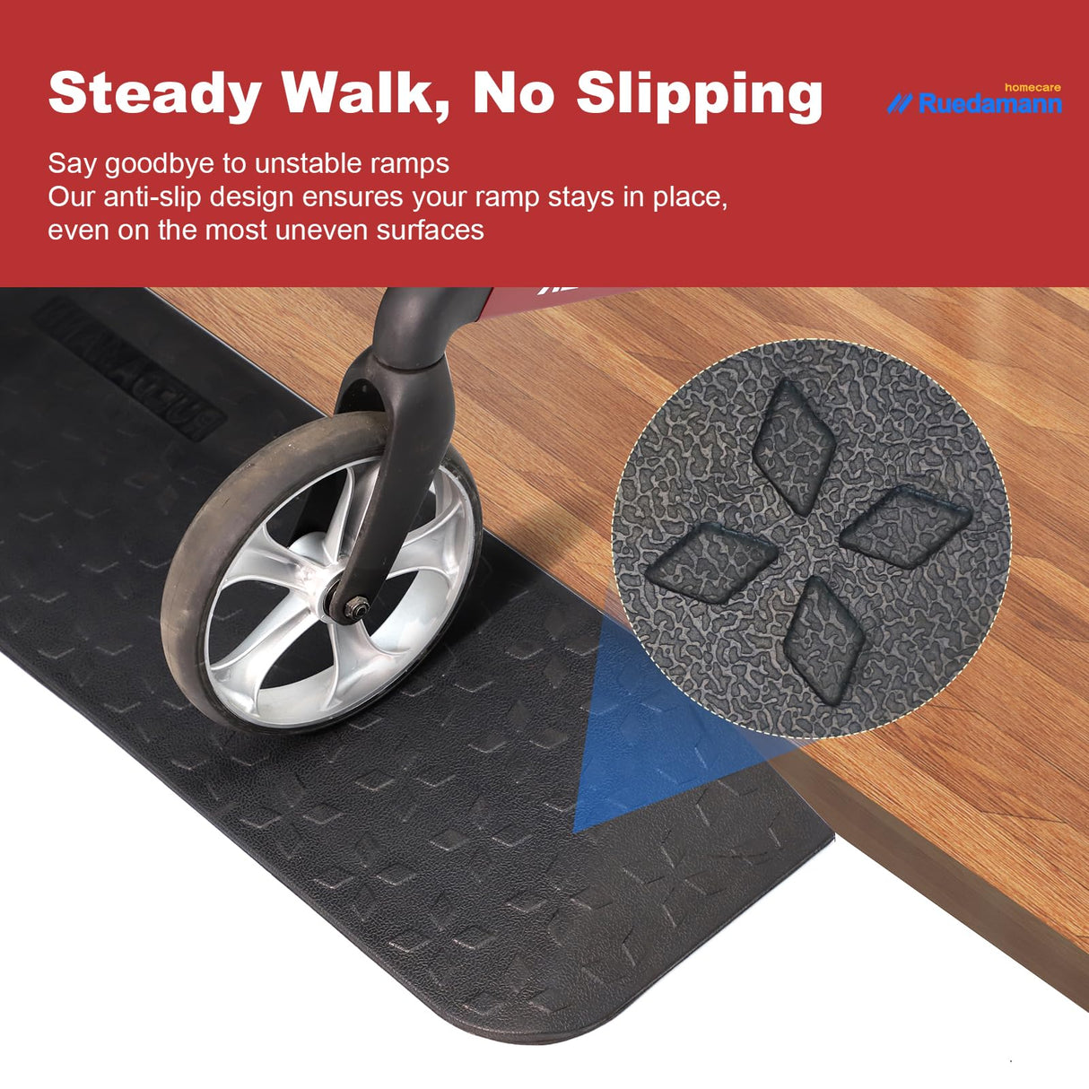 Ruedamann 2" Rise Rubber Threshold Ramp, 42.9" Wide Wheelchair Ramp, 2200 Lbs Capacity, Entry Ramp, Curb Ramp with Non-Slip Surface, for Wheelchairs, Scooter, Power Chairs, Driveways