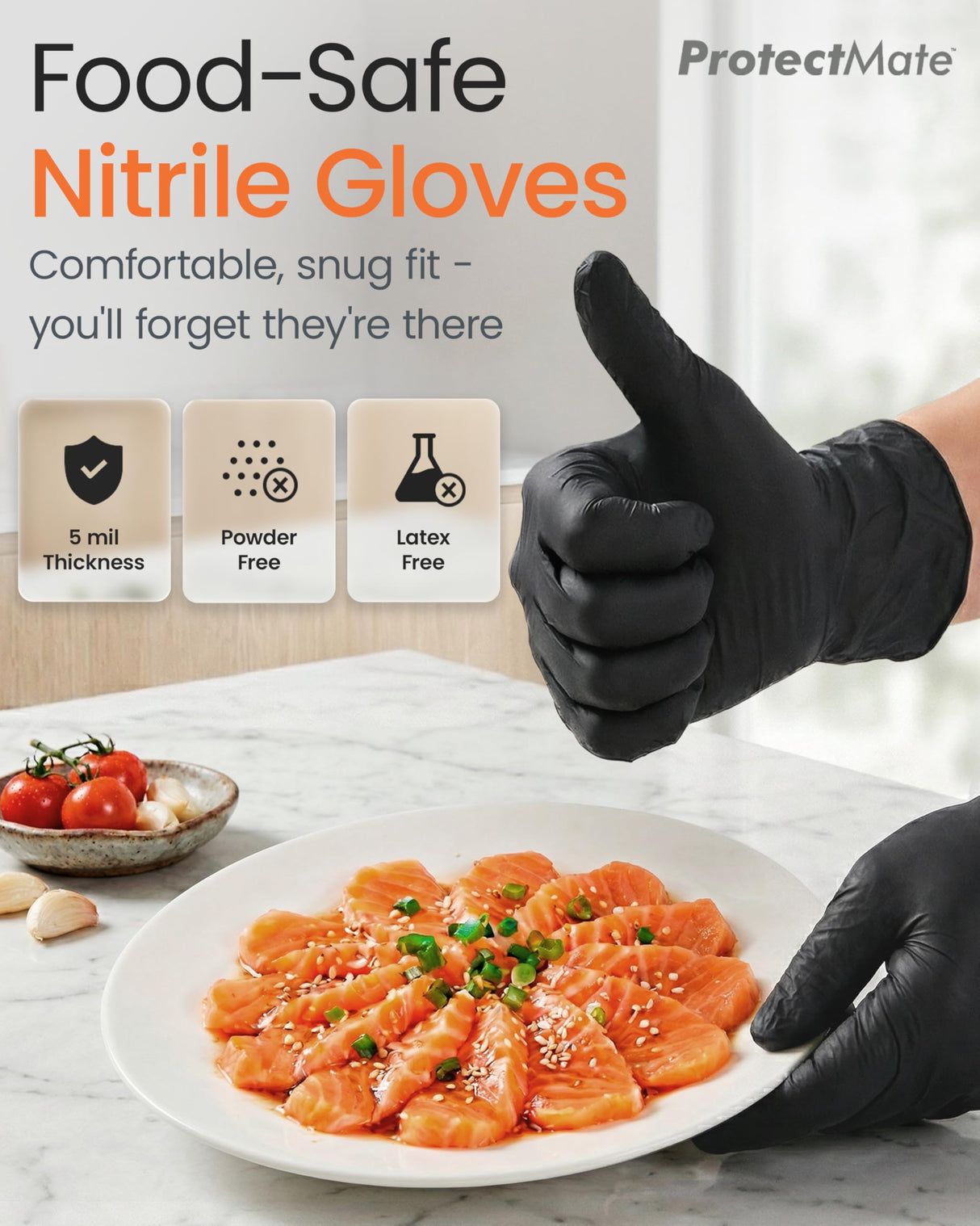 Protectmate 5 Mil Black Nitrile Gloves for Food Prep - Textured Food Prep Gloves - Food Handling Gloves Disposable Latex Free Gloves for Cooking, Catering, Food Service - Large (Box of 100)