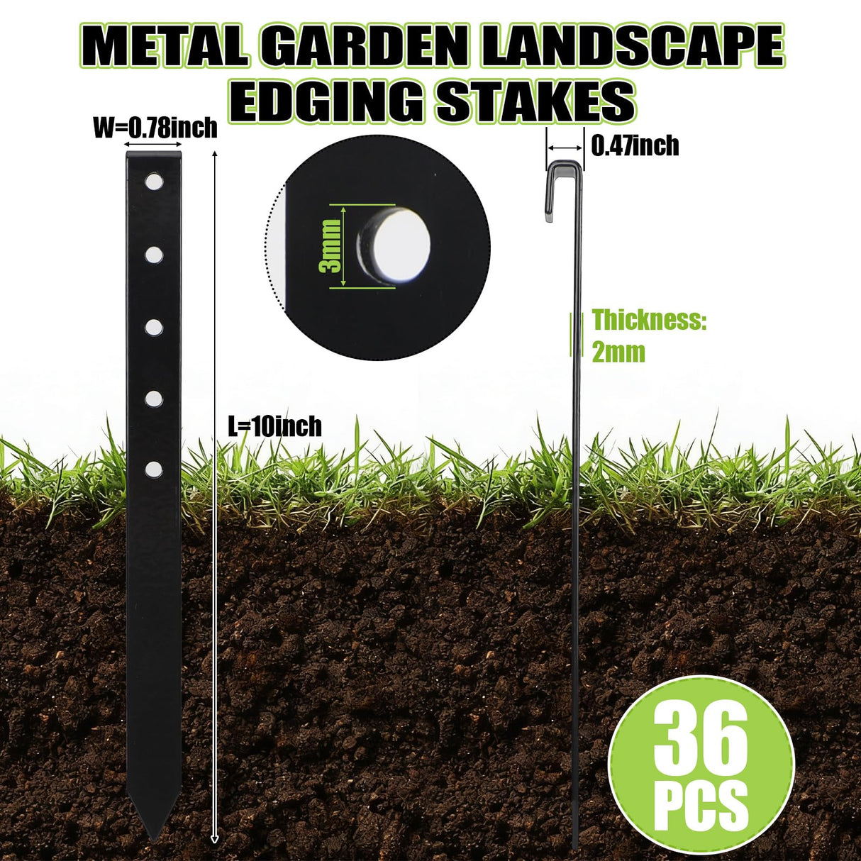 Fumete 36 Pcs 10'' Metal Landscape Stakes Bulk Garden Ground Edging Spikes with Holes Heavy Duty Anchoring Spike Carbon Steel Lawn Stake for Flowerbed Edging Grass Board Barrier Yard(Black)