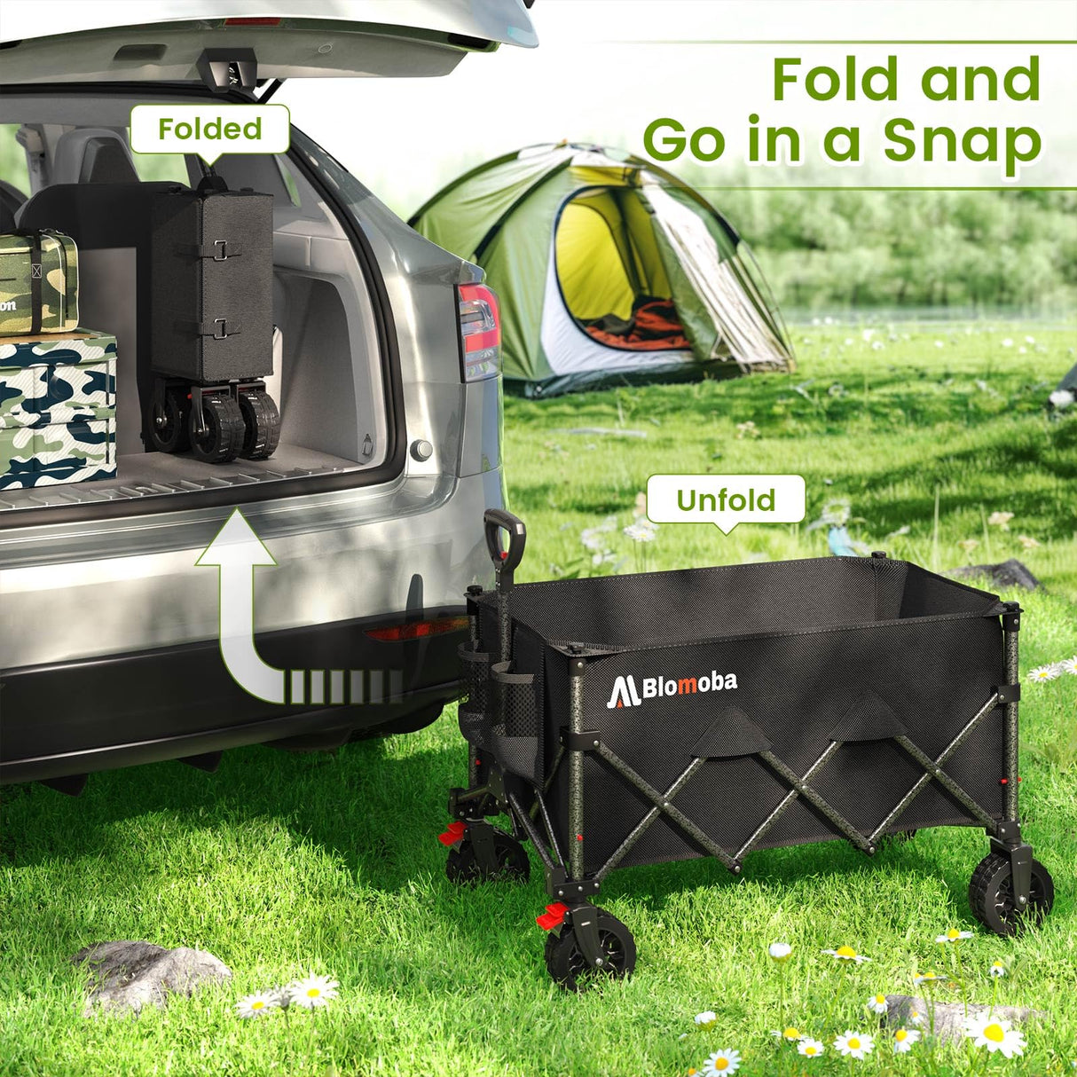 Blomoba Collapsible Wagon Cart with Wheels, 330lbs Heavy Duty Wagon, Black