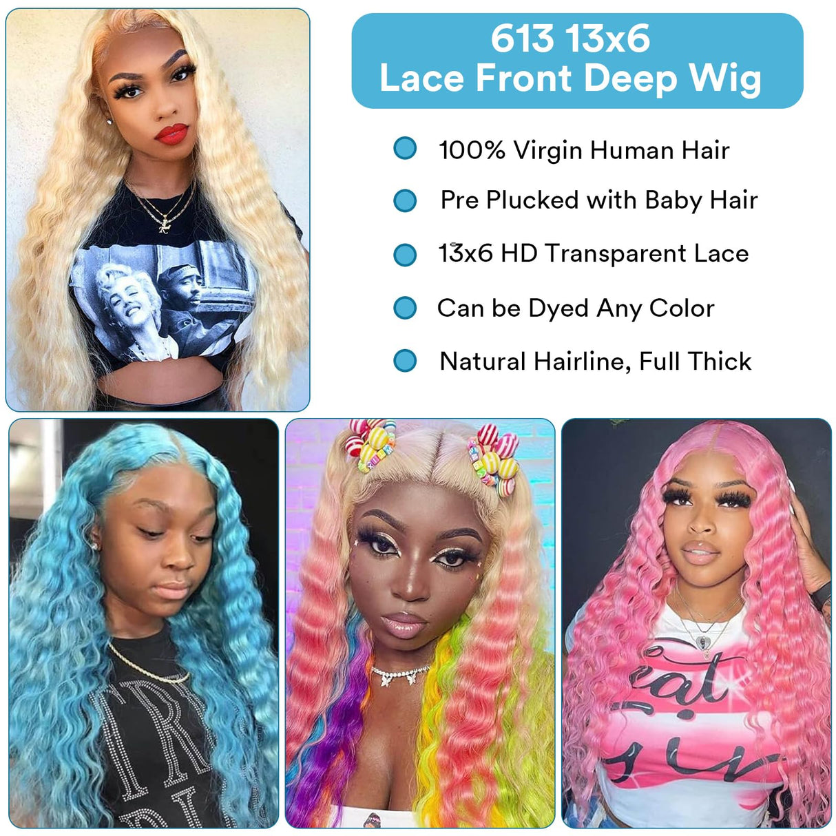Boyusijf 613 Lace Front Wig Human Hair 613 Blonde Deep Wave 13x6 HD Transparent Lace Front Wig Human Hair Pre Plucked Blonde Wig Human Hair with Baby Hair 180% Density for Women(30inches 613 13x6 Wig)
