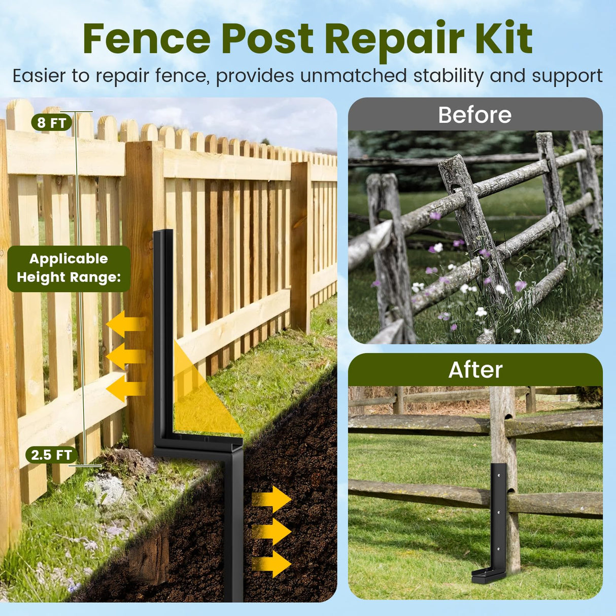 Housolution Fence Post Repair Kit,Separated Fence Post Anchor,1 Pack