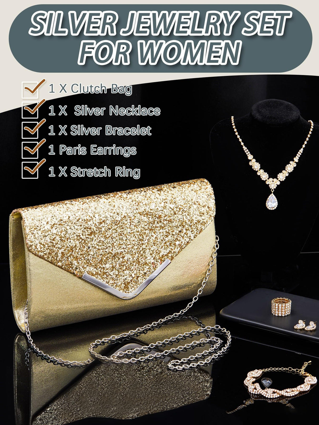 Henoyso 5 Pcs Rhinestone Jewelry Sets Prom Purse for Women, Gold
