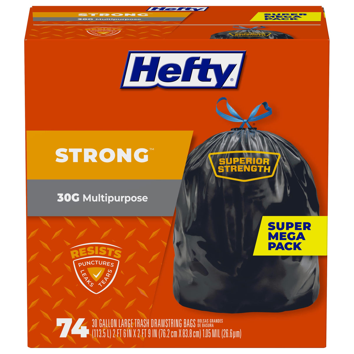 Hefty Strong Large Trash Bags, Black, 30 Gallon, 74 Count