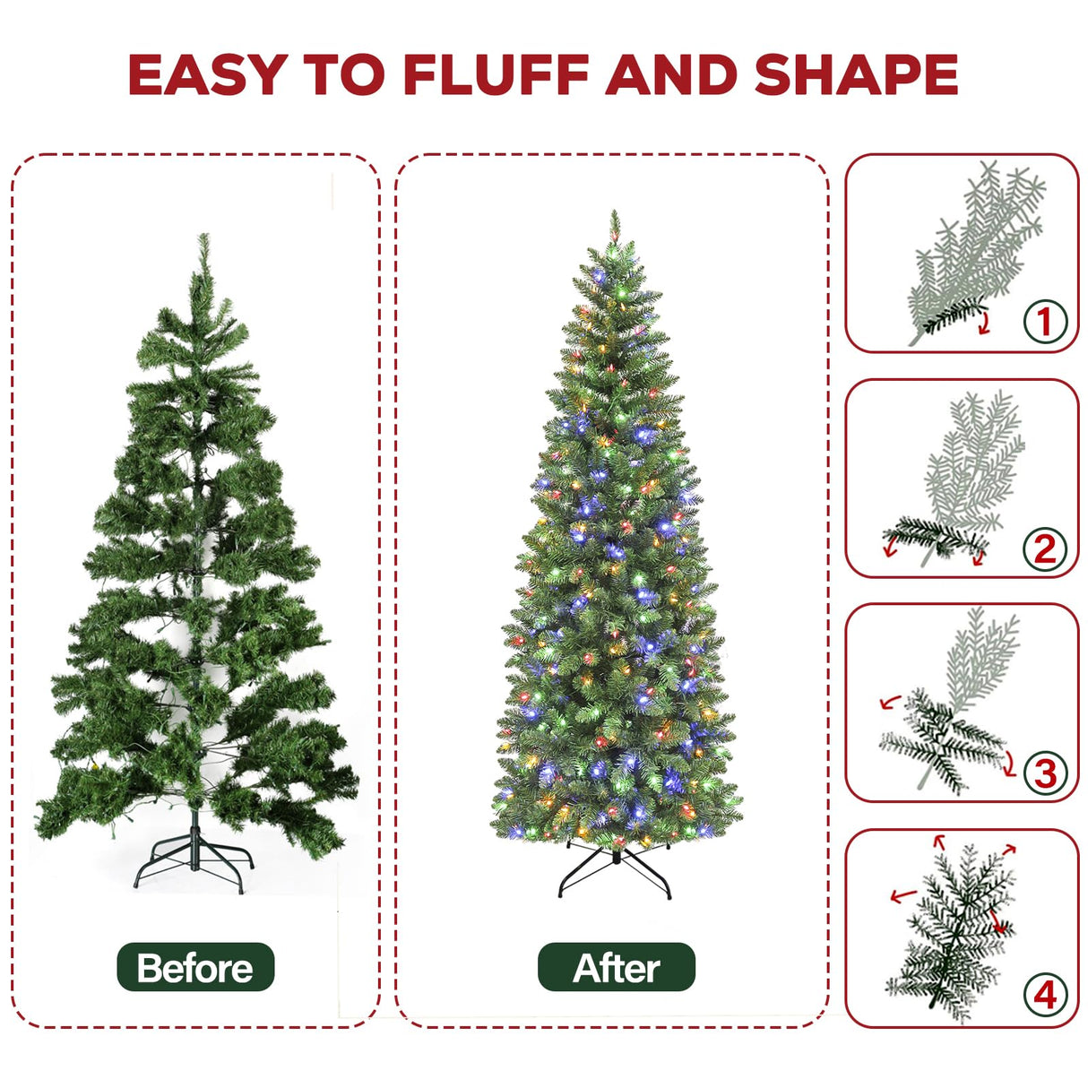 Hykolity 6ft Prelit Pencil Slim Christmas Tree with 200 Color Changing LED Lights, 544 Branch Tips, Metal Stand and Hinged Branches, 10 Color Modes