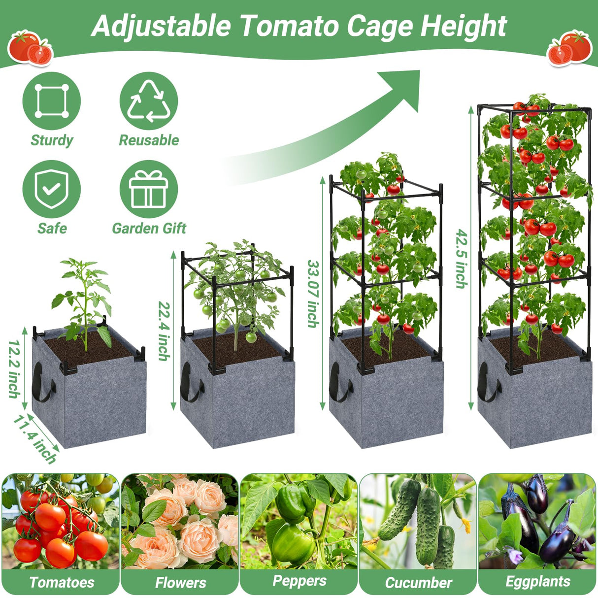 Qinzave 3 Pack Square Tomato Cages with Grow Bags, 42.5 Inch Stable Square Tomato Planter Support Stakes Kit for Garden, Tomato Cages Trellis Pots for Spring Climbing Vegetables Fruits Vines Flowers