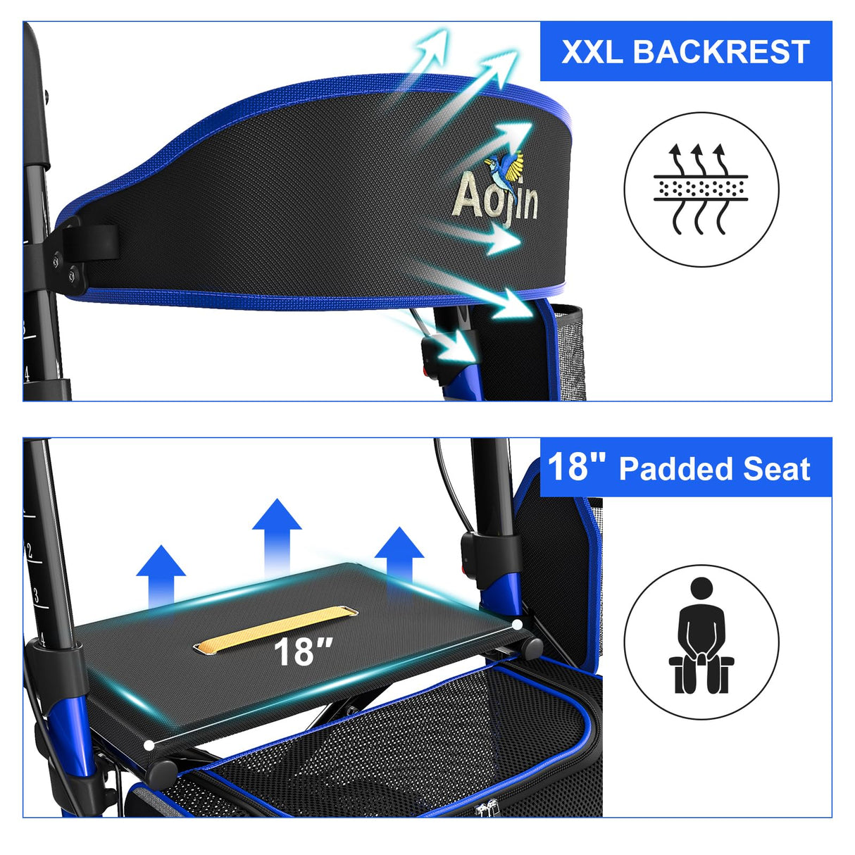 Walkers for Seniors, Rollator Walker with Seat, 350 lb Weight Capacity, 18" Big Seat, 8" All-Terrain Wheels, 6-Level Adjustable Height, Lightweight Aluminum Frame Rollator Walkers for Seniors (Blue)